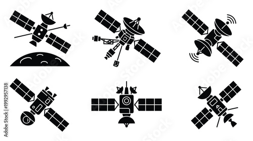Set of modern space satellite technology silhouettes ideal for telecommunication and scientific research graphics