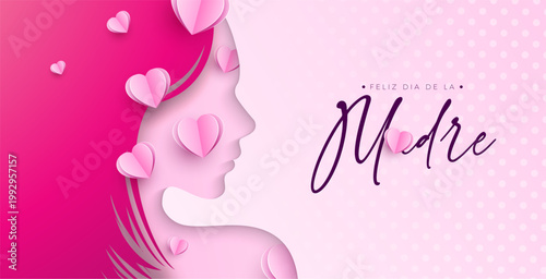 Obraz na płótnie Happy Mother's Day Greeting Card Design with Woman Face Silhouette and Typography Lettering on Light Pink Background