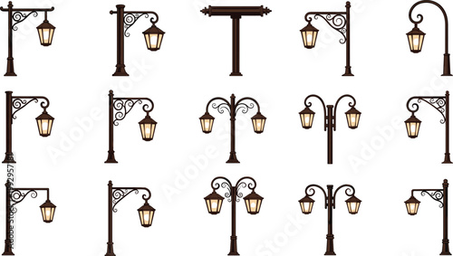 Vintage Street Lamp Icon Set with Decorative Lantern Poles, Classic Outdoor Lighting Fixtures, and Ornamental Light Designs for Urban, Garden, and Architectural Projects