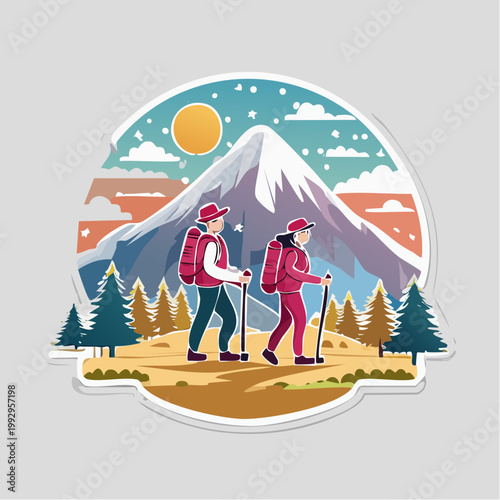 Hikers with Backpacks Trekking in Mountains