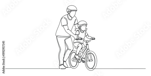 Adult teaching child to ride bicycle, single line drawing, symbolizing family support and skill development