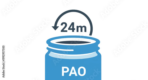 Period After Opening PAO symbol for cosmetic products indicating 24 months shelf life, blue jar icon with 24m and circular arrow for packaging labels and product safety standards.