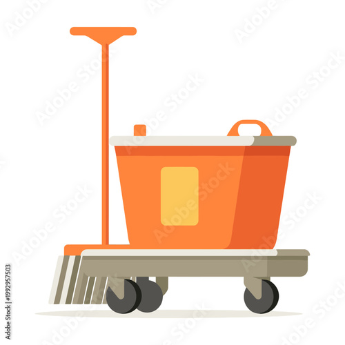 Flat illustration of janitorial cleaning cart with mop bucket and wringer, representing professional cleaning service equipment and maintenance tools.