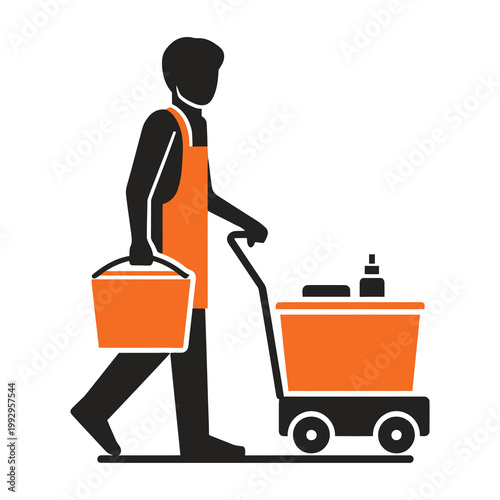 Flat illustration of janitor worker pushing cleaning cart with supplies, highlighting professional cleaning service and daily maintenance routine.