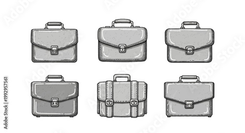 Set of six grey textured hand-drawn briefcase illustrations on white background, featuring various designs with top handles, metallic latches, and professional business bag styling.