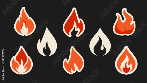 Fire flame icons set, flat cartoon blazing campfire stickers collection for energy and hot deals