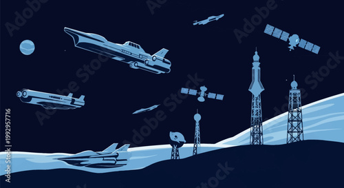 Futuristic space station illustration featuring diverse spacecraft, orbiting communication satellites, observation towers, and transport shuttles on a lunar surface in blue tones.