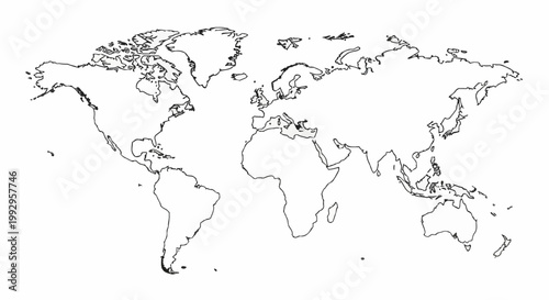 Simple world map outline featuring black thin lines on a white background showing the coastlines of North America, South America, Europe, Africa, Asia, Australia, and major islands.