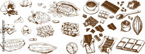 Cocoa Beans and Chocolate Elements Icon Set with Outline, Glyph Style and Hand Drawn Vector Illustration Collection