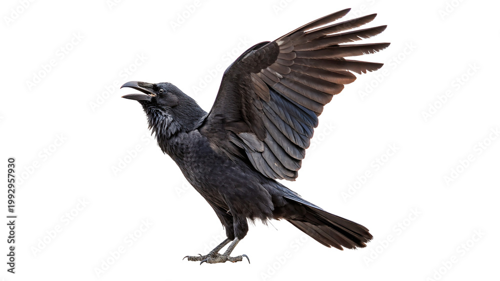 Fototapeta premium Raven spreads wings and calls while standing isolated on transparent background cut out