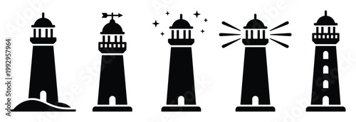 Various black silhouette lighthouse icons depicting marine navigation, coastal safety, and guiding light for graphic use