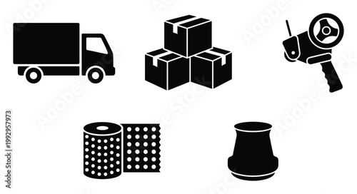 Essential icons for moving and shipping business including truck, boxes, tape, and packing materials.