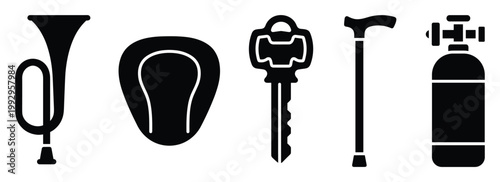 Diverse silhouette icons including a horn, toilet seat, antique key, walking cane, and gas tank for graphic design and application interfaces.