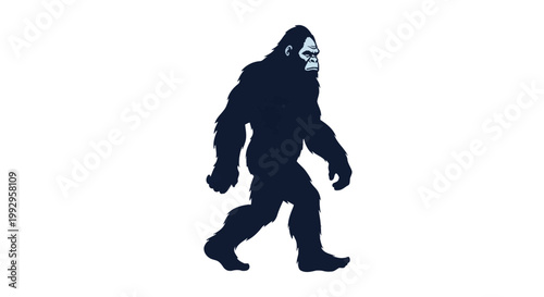Full body silhouette illustration of a hairy bigfoot or sasquatch walking in profile view, isolated on a white background, representing a legendary cryptid mythical creature.