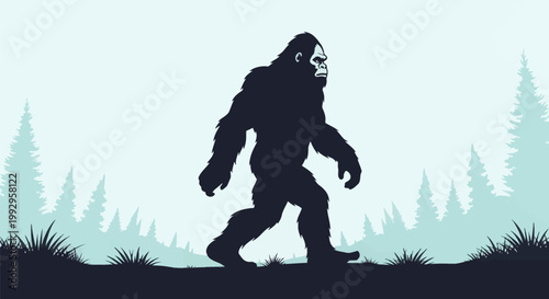 Full body silhouette of a bigfoot sasquatch creature walking in a stride through a coniferous pine forest wilderness with evergreen trees, flat vector illustration design style.