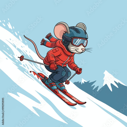 A detailed vector illustration of a cute anthropomorphic mouse character downhill skiing on a snowy mountain slope wearing a red winter jacket, blue helmet, goggles, and a scarf.
