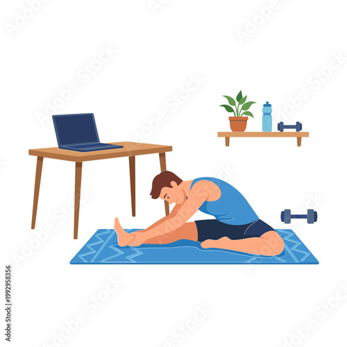 Man stretching on yoga mat at home with laptop and dumbbells nearby
