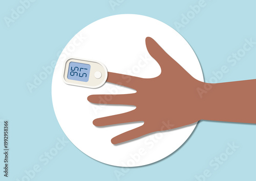Pulse oximeter clipped on finger, illustration