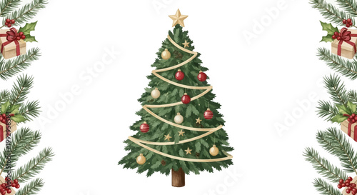 Watercolor illustration of a decorated Christmas tree with a gold star topper and baubles, flanked by pine branch borders with wrapped gift boxes and holly berries on white.