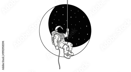 Black and white line art illustration of an astronaut in a space suit sitting on a crescent moon within a circular frame filled with stars, holding a rope on a white background.