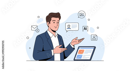 Man presenting digital marketing strategy with icons and tablet, business concept