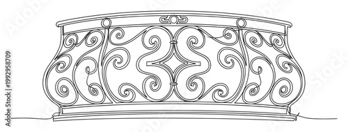 Ornate curved balcony railing with elegant scrollwork, a decorative architectural element for classic building designs