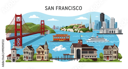 San Francisco vector illustration featuring Golden Gate Bridge, Alcatraz Island, Victorian Painted Ladies houses, skyline with Transamerica Pyramid, cable car, and ferry on blue water.