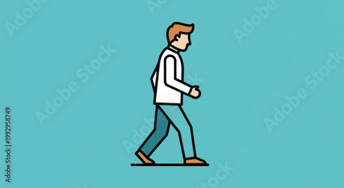 Minimalist flat vector illustration of a man with ginger hair wearing a white shirt and blue trousers walking in profile, isolated on a solid teal blue background background.