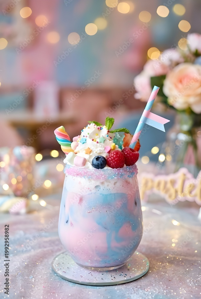 Naklejka premium Pastel rainbow dessert drink with whipped cream sprinkles and berries in dreamy cafe setting