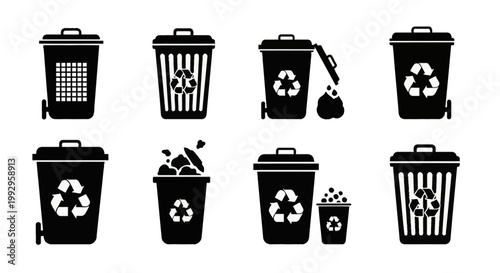 Collection of eight black silhouette icons representing various waste management bins, trash cans, and recycling containers with triangular recycle symbols on white background.