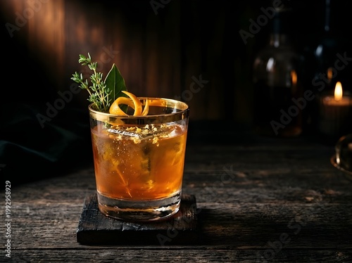 Amber cocktail with thyme and orange peel garnish in cozy candlelit bar setting