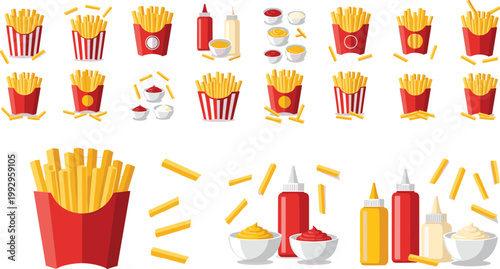 French Fries and Condiment Icon Set Featuring Ketchup, Mustard, Mayo, and Red Packaging for Food, Snack, and Fast Food Designs