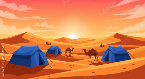 Vector illustration of a desert landscape at sunset featuring blue tents in a nomadic camp among sand dunes with two camels under a warm orange, yellow, and pink sky with light clouds.