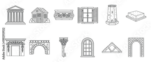 Various architectural icons showcasing ancient buildings, classic columns, window frames, and structural arches suitable for construction or urban planning visuals.