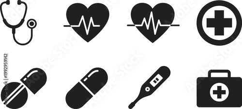 Medical icons set heartbeat stethoscope pills first aid kit and healthcare symbols in black and white