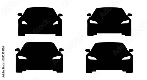 Collection of four black car silhouettes from a front view perspective isolated on a white background. Vector illustration of modern sedan shapes with highlighted headlights and mirrors.