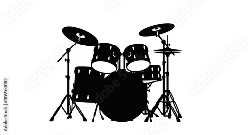 Black silhouette of a professional five-piece drum kit with bass drum, two rack toms, floor tom, hi-hat, and cymbals on hardware stands, isolated on a white background.