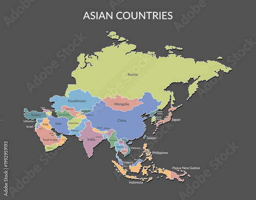 Asian countries borders isolated on black background6. Vector flat template.