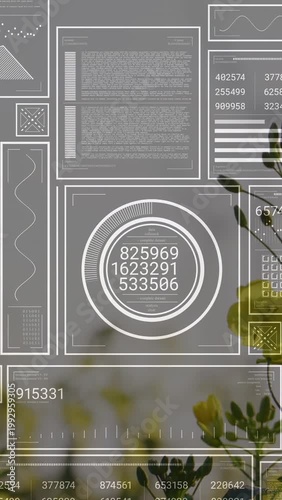 Vertical video: Plant stem rising low as cam panning and breeze, passing HUD for monitoring