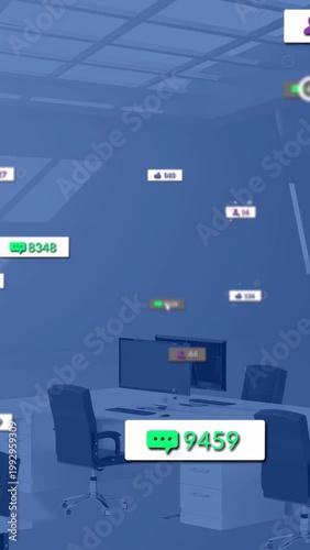 Vertical video: Desk hosting popup badges, cursor clicking spiking counts as showing stats fading