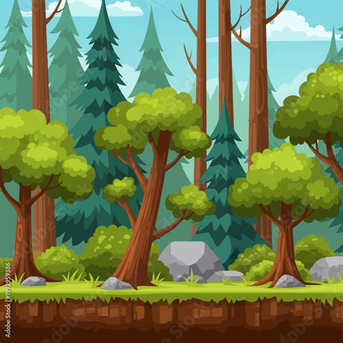 2D cartoon forest game asset background with green deciduous trees, pine evergreens, rocks, bushes, and grassy ground showing a brown soil cross-section under a bright blue cloudy sky.