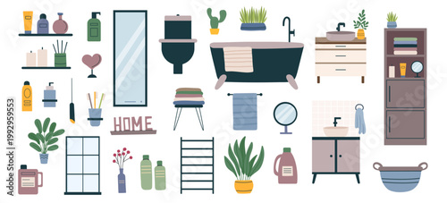 Bathroom interior objects set7. Bathroom interior cliparts isolated on white background. Vector elements in flat style.