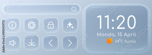 Modern glass morphism UI frames with frosted transparent effects, glossy 3D buttons and liquid gradient shapes for digital interface design and mobile app screens.