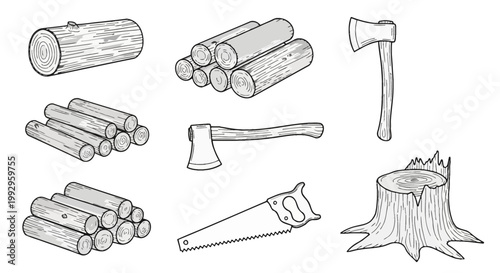 Hand-drawn set of lumberjack tools and wood elements including firewood stacks, logs with annual rings, two axes, a hand saw, and a tree stump isolated on white background.