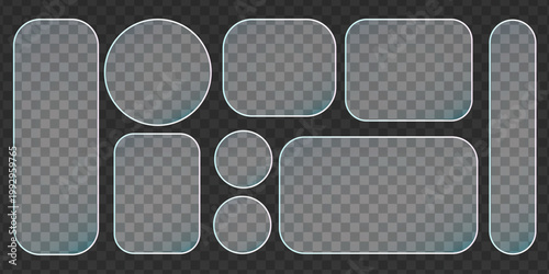 Transparent glass button collection featuring morphism effects, gradient overlays, and sleek frosted panels for contemporary web interface design. Vector illustration.