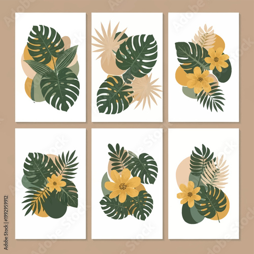 Collection of six botanical wall art prints featuring monstera deliciosa leaves, palm fronds, and yellow flowers with abstract organic shapes in a minimalist mid-century modern style.