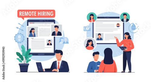 Flat vector illustration set depicting remote hiring concepts, featuring recruiters evaluating candidate profiles on digital screens, laptop use, and HR team presentations.