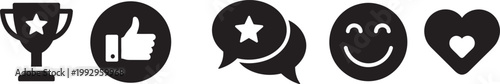 Collection of black glyph icons representing positive feedback achievements and emotional expression