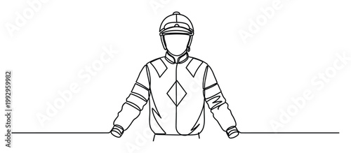 Minimalist one line drawing of a jockey in a helmet and racing silks perfect for sports event branding