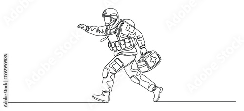 Linear drawing of a first responder rushing with a medical bag offering crucial aid in crisis situations